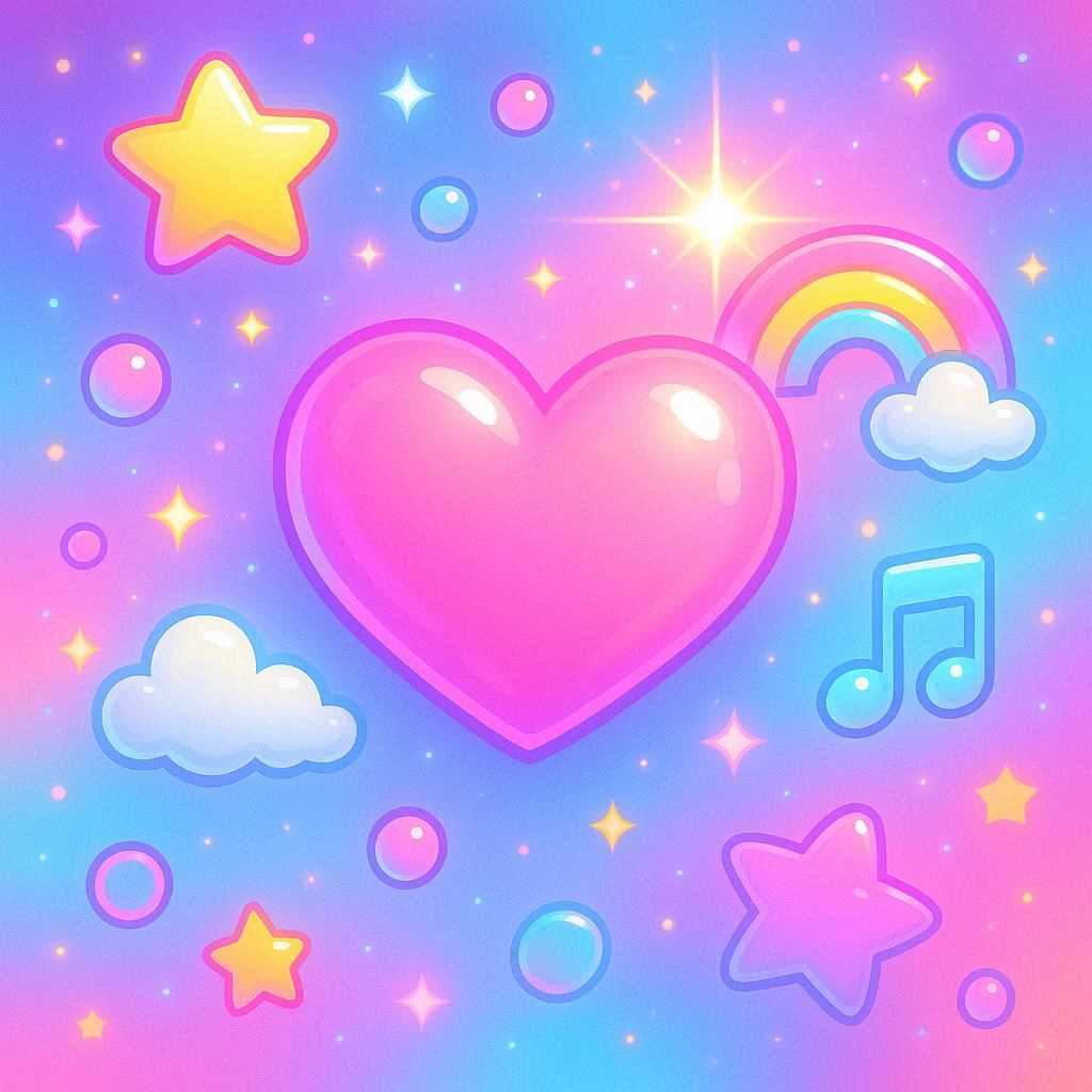 A vibrant, dreamy aesthetic scene with soft neon glows, glossy highlights, floating sparkles, and smooth pastel gradients. Highly polished, playful, and slightly surreal. Bold color pops, gentle lens‑flare lighting, and crisp outlines. Cute decorative elements drifting around the subject, with a fun, magical, upbeat mood.